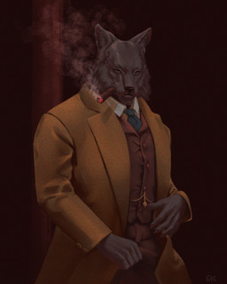 anthro black_background black_claws black_nose blue_necktie bottomwear brown_bottomwear brown_clothing brown_coat brown_pants brown_topwear brown_vest chain_accessory cheek_tuft cigar cigar_in_mouth claws clothed clothed_male clothing coat collared_shirt dress_shirt facial_tuft fully_clothed fully_clothed_male fur grey_body grey_fur grey_inner_ear_fluff inner_ear_fluff looking_forward male male_anthro monotone_body necktie object_in_mouth pants shirt simple_background smoke smoking smoking_cigar solo suit topwear tuft vest white_dress_shirt wooden_post guyinvintageclothes canid canine canis mammal wolf 2023 hi_res signature
