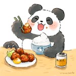 alcohol anthro beer beverage biped black_body black_nose blush can chibi container duo eyes_closed food kemono open_mouth white_body araru bear canid canine canis domestic_dog giant_panda mammal 1:1 2025 hi_res