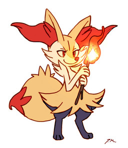 ambiguous_anthro ambiguous_gender anthro biped closed_smile digitigrade dipstick_tail elemental_manipulation eyelashes fire fire_manipulation holding_object holding_stick markings mouth_closed simple_background smile snout solo standing stick tail tail_markings bluekomadori nintendo pokemon braixen canid generation_6_pokemon mammal pokemon_(species) 2013 digital_drawing_(artwork) digital_media_(artwork) english_description full-length_portrait portrait signature