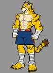 anthro bandage bottomwear claws clothing feet fur male muscular muscular_anthro muscular_male shorts solo stripes tail yellow_body yellow_fur dynogreeno felid feline mammal pantherine tiger absurd_res hi_res