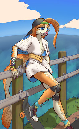anthro blue_eyes clothed clothing crossdressing crossdressing_male dress exposed_chest femboy fin hat headgear headwear knee_pads lipstick makeup male sea seaside skateboard skater solo vehicle water destrustor aquatic cyprinid cypriniform fish goldfish absurd_res colorful_theme hi_res