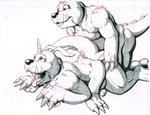 animal_skin anthro claws duo eyelashes fingers fur horn male male/male open_mouth red_eyes sex sharp_teeth spikes teeth tongue tongue_out marc_leonhardt bandai_namco digimon digimon_(species) gabumon reptile scalie monochrome