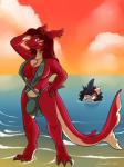 amber_eyes ambiguous_gender anthro beach black_hair breasts bulge claws clothed clothing cloud detailed_background digitigrade duo ear_piercing fake_fin gynomorph hair hand_behind_head hand_on_hip intersex long_hair looking_at_viewer non-mammal_breasts outside piercing pupils red_body red_hair red_skin sand seaside sky slit_pupils smile standing sunset swimwear tan_body tan_skin toe_claws water wet white_body white_skin keishinkae fish marine shark 3:4 absurd_res hi_res