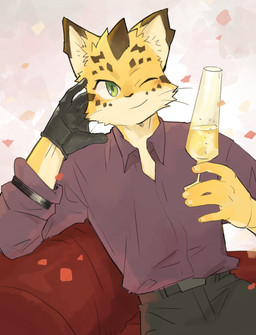 alcohol anthro beverage blush champagne champagne_glass clothing container cup drinking_glass furniture glass glass_container glass_cup green_eyes male one_eye_closed petals purple_clothing purple_shirt purple_topwear rose_petals shirt sitting sofa solo topwear wink young syukapong lifewonders tokyo_afterschool_summoners ose_(tas) felid leopard mammal pantherine absurd_res hi_res