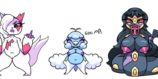 anthro apode belly big_belly big_breasts blue_body blue_nipples blush breasts eyes_closed female flat_chested fur genitals group legless makeup mouth_shot narrowed_eyes navel nipples non-mammal_breasts non-mammal_navel non-mammal_nipples open_mouth overweight overweight_anthro overweight_female pokemorph scar serpentine thick_thighs tongue tongue_out trio vulva white_body white_fur wide_hips gdei nintendo pokemon draconcopode generation_3_pokemon naga pokemon_(species) pokemon_naga seviper swablu zangoose hi_res