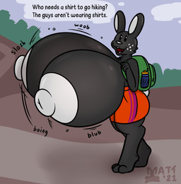 anthro areola backpack big_breasts black_body black_eyes bottomwear breasts clothed clothing dialogue female freckles huge_breasts hyper hyper_breasts looking_at_viewer nipples open_mouth question_mark shorts solo speech_bubble text topless white_areola white_nipples mattthetooncat audrey_(mattthetooncat) lagomorph leporid mammal rabbit 2021 digital_media_(artwork) english_text hi_res