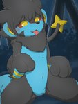 after_transformation anthro anthrofied black_body black_fur blue_body blue_fur blush detailed_background forest fur male navel open_mouth plant pokemorph pupils red_eyes solo tongue tongue_out tree yellow_eyes yellow_pupils young yakinikuinu nintendo pokemon generation_4_pokemon luxray pokemon_(species) 3:4 colored hi_res