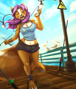 ambiguous_gender anthro barefoot bottomwear breasts cleavage clothed clothing cloud dutch_angle electronics exercise eyes_closed fangs feet female female_focus feral group hair happy heart_symbol lamp listening_to_music midriff navel outside portable_music_player running sabertooth_(anatomy) seaside shorts sign sky smile solo_focus stare summer teeth walking wide_hips fox-die apple_inc. ipod avian bird felid gull lari larid mammal prehistoric_species saber-toothed_tiger 2014 hi_res