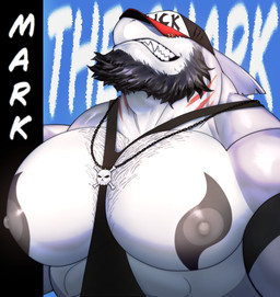 abs anthro armband barazoku beard big_muscles big_pecs black_armband black_body black_clothing black_scales black_shirt black_tank_top black_topwear body_hair chest_hair clothing covered_eyes facial_hair fin gills grey_body grey_scales hat hat_covering_eyes head_fin headgear headwear jewelry male multicolored_body multicolored_scales muscular muscular_anthro muscular_male necklace nipple_markings nipples notched_fin pecs scales shirt smile solo tank_top text topwear wardrobe_malfunction white_body white_scales benjikeyama markshark aquatic fish shark 2025 absurd_res character_name hi_res