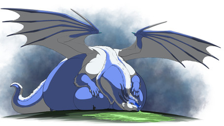 belly big_belly blue_body breasts female huge_belly inflation macro solo wings meanybeany mythology dragon mythological_creature mythological_scalie scalie 16:9 2025 hi_res widescreen
