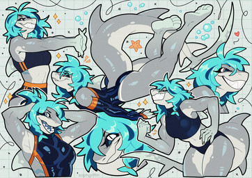 5_fingers anthro biped blue_hair breasts clenched_teeth clothed clothed_anthro clothed_female clothing countershade_torso countershading dorsal_fin female fin fingers front_view grey_body grey_skin grey_tail hair looking_at_viewer medium_breasts navel non-mammal_breasts side_view smile solo standing swimwear tail teeth saphgriffin aquatic fish shark 2025 digital_drawing_(artwork) digital_media_(artwork)