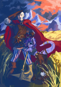 anthro armor axe bald cape clothing duo eye_patch eyewear female gotrek_gurnisson male tail weapon big_daddy_(artist) cavemanon_studios goodbye_volcano_high ko_op_(game_developer) snoot_game warhammer_(franchise) warhammer_fantasy anon_(snoot_game) felix_jaeger trish_(gvh) ceratopsian ceratopsid chasmosaurine dinosaur dwarf human mammal marginocephalian ornithischian prehistoric_species reptile scalie triceratops absurd_res hi_res