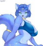 accessory anthro big_breasts blue_body blue_clothing blue_fur blue_hair blue_underwear bra breasts choker clothing female front_view fur furgonomics gold_(metal) gold_jewelry green_eyes hair jewelry looking_at_viewer necklace pose smile solo tail tail_accessory tail_jewelry underwear view kazutor0 nintendo star_fox krystal_(star_fox) canid canine fox mammal 2024 absurd_res hi_res pinup