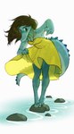 anthro barefoot biped brown_hair clothed clothing dress feet female hair paws sharp_teeth simple_background solo standing sundress tail teeth white_background piranhapettingzoo scampi alligator alligatorid crocodilian reptile scalie hi_res