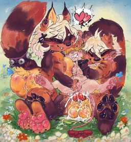 4_toes abdominal_bulge accessory anal anal_penetration anthro anus balls blonde_hair bodily_fluids bow_ribbon breast_squish breasts butt claws clenched_teeth clothing collar collar_only countershade_feet countershading cum cum_drip cum_in_ass cum_inside curling_toes dark_pawpads digitigrade dominant dripping dripping_vulva ear_piercing ejaculation eyes_closed fangs feet female female/female fingering fingering_partner flower furgonomics genital_fluids genitals grass_field group hair hair_accessory hair_over_eyes hairclip hand_on_head kneeling knot knotted_penis larger_dom leaking_cum leash male male/female nipples nude nude_female nude_male outside outside_sex panties panties_off pawpads paws penetration penis piercing pink_anus pink_nipples pink_pawpads pink_paws pink_vulva plant questionable_consent raised_tail restrained restrained_arms saliva_on_face sex sitting size_difference smile spread_legs spreading squish tail tail_accessory teeth toe_claws toes trio underwear vaginal vaginal_fingering vaginal_fluids vaginal_squirting vulva white_hair nihilochannel flummery mocha_(nihilochannel) canid canine mammal mouse murid murine raccoon_dog rodent tanuki hi_res sibling_(lore)
