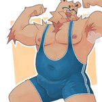 anthro armpit_hair bodily_fluids body_hair bulge chest_hair eyewear facial_piercing flexing flexing_bicep flexing_both_biceps glasses male muscular nipple_piercing nipples nose_piercing piercing solo sweat tongue tongue_out wrestling orangebear orange_the_bear bear mammal hi_res