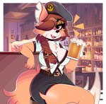 alcohol anthro arm_tuft beer belt beret beverage big_breasts blush bottomwear braided_hair braided_ponytail breasts cheek_tuft chest_tuft cleavage clothed clothing elbow_tuft eyebrow_through_hair eyebrows eyelashes facial_tuft female fluffy fluffy_tail fur gesture hair hat headgear headwear inner_ear_fluff looking_at_viewer one_eye_obstructed open_clothing open_mouth open_shirt open_topwear ponytail red_eyes scar shirt skirt solo tail topwear translucent translucent_hair tuft wireless_shiba a.i.m._(game) canid canine fox mammal mustelid otter 2022 absurd_res digital_media_(artwork) hi_res