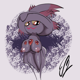 anthro big_breasts blush breasts female genitals looking_at_viewer not_furry nude red_eyes simple_background smile solo vulva wide_hips eddiebrije nintendo pokemon generation_4_pokemon ghost mismagius pokemon_(species) spirit 1:1 absurd_res hi_res