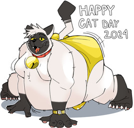 anthro bell bell_collar belly big_butt bulge butt clock clothing collar male moobs overweight shaking_butt solo speedo swimwear text watch wristwatch yellow_eyes coolietf boss_cat_(coolietf) domestic_cat felid feline felis mammal siamese_cat english_text hi_res
