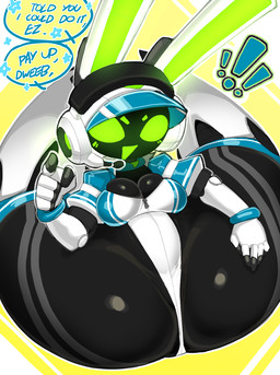 anthro armor big_butt blush breasts butt cleavage clothed clothing electronics exclamation_point eyebrows female flexible gesture green_blush green_eyebrows green_eyes green_inner_ear green_mouth hand_gesture headgear headphones headset helmet huge_butt jumpsuit legs_behind_head legs_up long_ears lying machine medium_breasts on_back pointing pointing_at_viewer screen screen_face sitting solo speech_bubble talking_to_viewer text thick_thighs tight_clothing white_ears wide_hips goatboydraws project_turboblast tempo_(project_turboblast) lagomorph leporid mammal rabbit robot robot_anthro 2025 english_text hi_res