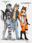 anthro birthday bisexual blue_eyes crotch_grab dialogue facial_hair female goatee green_eyes grope group happy_birthday male male/female male/male ribbons smile tail text ace_stryker rosie_dixen trevor_logan canid canine canis fox mammal wolf 2011 english_text hi_res