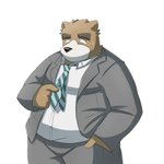 anthro bottomwear brown_body brown_fur clothing fur kemono male necktie overweight overweight_anthro overweight_male pants shirt simple_background solo topwear white_background emufu bear mammal 1:1 2014