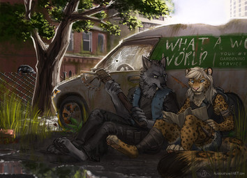 anthro axe backlighting bandage blue_eyes bullet_hole clothed clothing day duo female fence grass hair improvised_weapon light male map medium_truck melee_weapon outside plant post-apocalyptic sitting text tree truck van vehicle weapon white_hair alassa canid canine canis felid jaguar mammal pantherine wolf english_text lighting