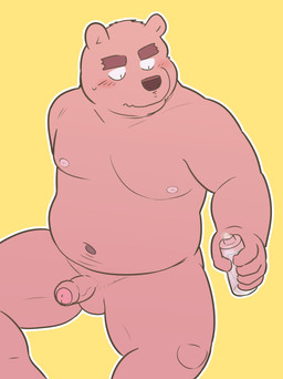 anthro balls belly blush erection foreskin genitals humanoid_genitalia humanoid_hands humanoid_penis kemono lube male moobs navel nipples overweight overweight_male penis simple_background sitting solo yellow_background kick_(artist) bear mammal 2015