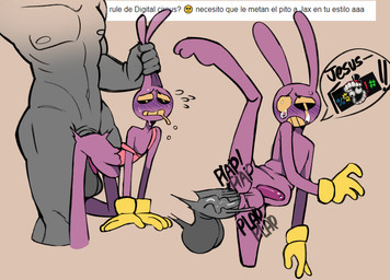 abdominal_bulge anal anal_penetration anthro anthro_penetrated bodily_fluids caine_censorship censor_bar censored_speech censored_text clothing cutaway drooling ear_grab ear_pull emanata genitals gloves grawlixes handwear human_on_anthro human_penetrating human_penetrating_anthro interspecies male male/male male_penetrated male_penetrating male_penetrating_male penetration penile penile_penetration penis penis_in_ass plap_(sound) purple_body saliva sex simple_background size_difference smaller_penetrated tears text calazotauvu glitch_productions the_amazing_digital_circus jax_(tadc) human lagomorph leporid mammal rabbit absurd_res english_text hi_res spanish_text