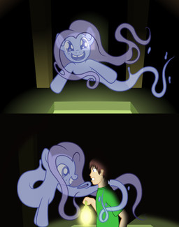 blue_eyes brown_hair duo female ghost_tail hair lamp lantern looking_at_viewer male scared smile teeth tooth_gap badumsquish hasbro my_little_pony anon fan_character generic_messy_hair_anime_anon equid equine ghost ghost_pony horse human mammal pony spirit 2015 absurd_res hi_res