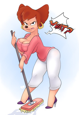 angry anthro big_breasts bodily_fluids bottomwear breasts cleaning_tool cleavage clothed clothing colored_nails curvy_figure dialogue ear_piercing female footwear hair high_heels holding_object mature_anthro mature_female mop nails pants piercing shoes short_hair solo speech_bubble sweat sweatdrop sweater text thick_thighs topwear wide_hips yelling minxydoodle disney goof_troop peg_pete canid canine mammal english_text hi_res