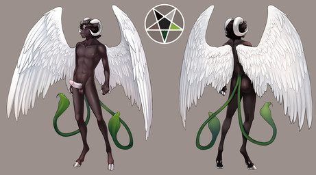 2_tails anthro balls brown_balls brown_hair erection eyes_closed feathered_wings feathers front_view genitals hair hooves horn humanoid_genitalia humanoid_penis living_tail male male_anthro multi_tail nude penis pentagram_circle rear_view simple_background snake_tail solo standing tail unusual_anatomy unusual_tail white_hooves white_horn white_penis white_wings wings apple-faced bovid caprine mammal reptile scalie sheep snake model_sheet