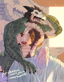 abs anthro armpit_hair beard bed bed_sheet bedding biceps big_muscles big_pecs big_penis black_claws bodily_fluids body_hair bone bone_mask brown_hair chest_hair chest_tuft chin_spikes claws erection erection_under_blanket eyes_closed facial_hair facial_spikes furniture genitals green_body green_scales hair hand_on_head horn huge_pecs male mask muscular muscular_anthro muscular_male navel nipple_piercing nipple_ring nipples nude open_mouth pecs penis piercing pubes raised_arm ring_piercing saliva scales skull skull_mask solo spikes spikes_(anatomy) tail tears teeth tired tuft veiny_arms yawn koko2unite ankou_(ankouno) crocodile crocodilian reptile scalie absurd_res hi_res