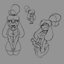 anthro balls big_penis bottomwear bottomwear_pull clothing clothing_pull erection genitals gynomorph hair intersex long_ears penis ponytail shirt skirt skirt_pull solo topwear shumpy animal_crossing nintendo isabelle_(animal_crossing) canid canine canis domestic_dog mammal hi_res monochrome