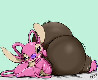 antennae_(anatomy) anthro arm_support big_butt bottomwear brown_bottomwear brown_clothing brown_pants butt clothed clothing female fur huge_butt hyper hyper_butt leaning_on_elbow lidded_eyes long_antennae motion_lines pants pants_only pink_body pink_fur pose purple_eyes purple_nose small_tail tail text tight_clothing topless topless_anthro topless_female conditional_dnp digitaldomain123 third-party_edit colorshun disney lilo_and_stitch angel_(lilo_and_stitch) alien experiment_(lilo_and_stitch) 2026 artist_name color_edit colored digital_drawing_(artwork) digital_media_(artwork) signature