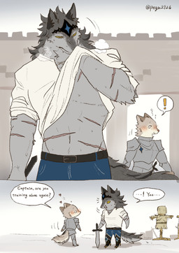anthro armor black_body black_fur blush blush_lines bodily_fluids chibi clothed clothing clothing_lift dialogue duo facial_scar fluffy fluffy_tail fur grey_body grey_fur heart_symbol kemono knight knight_armor looking_at_another male male/male medieval_armor melee_weapon military multicolored_body multicolored_fur no_pupils pointy_ears scar scars_all_over shirt shirt_lift soldier sweat sweatdrop sword tail tan_body tan_fur text topwear two_tone_body two_tone_fur warrior weapon white_body white_fur pegu2726 canid canine canis mammal wolf 2026 absurd_res comic english_text hi_res