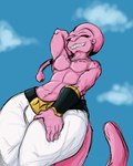 abs blue_sky bottomwear clothing cloud hand_behind_head low-angle_view male membrane_(anatomy) navel otter_tail pants pink_tail red_eyes shirtless shirtless_male sky smile solo tail teeth webbed_hands white_bottomwear white_clothing white_pants pandottermon dragon_ball dragon_ball_z majin_buu humanoid hybrid mammal mustelid otter 4:5 hi_res