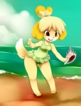 3_toes anthro barefoot beach clothing cloud conch detailed_background feet female fur one-piece_swimsuit outside sand seaside sky solo swimwear toes water yellow_body yellow_fur spazzykoneko animal_crossing nintendo isabelle_(animal_crossing) canid canine canis domestic_dog mammal shih_tzu toy_dog digital_media_(artwork) shaded