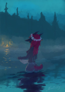 anthro bonfire bottomwear breasts clothing ears_down female fog forest hair horn long_hair nipples pink_hair pivoted_ears plant river shorts small_tail solo tail tree wet wreath arcticos bovid caprine goat mammal absurd_res hi_res