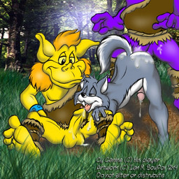 anthro bodily_fluids cum genital_fluids genitals group licking male male/male penis tongue tongue_out ian_r_soulfox disney gummi_bears canid canine canis domestic_dog fox goblin humanoid imp mammal orc 1:1 2004