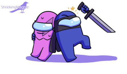 ambiguous_gender assassin bodily_fluids holding_object holding_weapon kerchief melee_weapon scar simple_background sweat sweatdrop sword text weapon shriekingmagpie among_us innersloth crewmate_(among_us) impostor_(among_us) vet_(shriekingmagpie) comic digital_media_(artwork) english_text