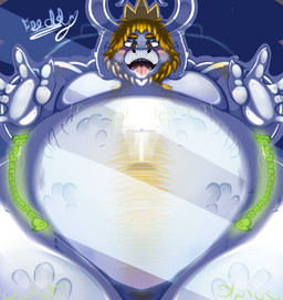 abdominal_bulge anthro arm_hair beard belly belly_hair big_belly blonde_hair body_hair chest_hair chest_tuft crown facial_hair fur hair headgear horn huge_belly male male_pred mature_male orange_eyes rumbling_stomach same_size_vore struggling struggling_prey tongue tongue_out tuft vore white_body white_fur freddyvore undertale_(series) asgore_dreemurr bovid caprine goat mammal hi_res