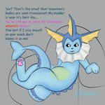 bladder bladder_bulge bodily_fluids desperation female feral genital_fluids omorashi organs solo text urine watersports omokamie nintendo pokemon eeveelution generation_1_pokemon pokemon_(species) vaporeon 1:1 absurd_res english_text hi_res