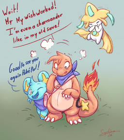 after_transformation ambiguous_gender anthro barefoot claws dialogue feet floating group happy kerchief nude one_eye_closed smile surprised teeth text trio saphirathefur nintendo pokemon pokemon_mystery_dungeon spike_chunsoft charmander generation_1_pokemon pokemon_(species) 2026 english_text