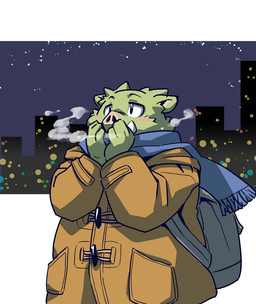 anthro backpack clothing green_body humanoid_hands kemono male night outside scarf slightly_chubby solo sweater topwear takagi_kyou domestic_pig mammal suid suine sus_(pig) 2020