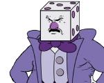 beady_eyes bow_(feature) bow_tie clothed clothing d6 dice facial_hair for_a_head hair male mustache not_furry simple_background solo standing suit unknown_artist adult_swim aqua_teen_hunger_force cartoon_network cuphead_(game) carl_brutananadilewski king_dice animate_inanimate humanoid object_head 2017 crossover reaction_image