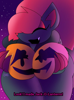anthro anthrofied areola big_breasts black_body black_fur black_hair bodypaint breasts claws dialogue eyeshadow fangs female female_anthro fur hair hair_over_eye holding_breast huge_breasts jack-o'-lantern makeup multicolored_hair neck_tuft night open_mouth paint painted_breasts pokemorph purple_background red_eyeshadow red_hair simple_background sky smile solo teeth text tuft filthycottonart unfortu-nate nintendo pokemon remone_(unfortu-nate) generation_5_pokemon pokemon_(species) zoroark 2025 digital_media_(artwork) english_text hi_res