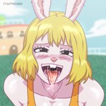 ahegao anthro black_eyes blonde_hair blurred_background blush blush_lines bodily_fluids buckteeth clothing day dripping drooling eyebrows female fur hair looking_at_viewer looking_pleasured open_mouth open_smile orange_clothing orange_shirt orange_topwear outside pussy_tongue raised_inner_eyebrows saliva saliva_drip saliva_on_tongue saliva_string shirt short_hair smile solo teeth tongue tongue_out topwear uvula white_body white_fur artsens8 one_piece carrot_(one_piece) lagomorph leporid mammal minkmen_(one_piece) rabbit digital_drawing_(artwork) digital_media_(artwork) hi_res watermark