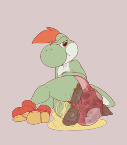 anthro bodily_fluids brown_background brown_eyes clothing feces feces_blowout footwear genital_fluids green_body hair half-closed_eyes lying lying_on_ground male male_peeing male_pooping narrowed_eyes on_ground on_side orange_clothing orange_footwear orange_hair orange_shoes peeing pink_clothing pink_underwear pooping scatplay shoes simple_background smile soiled soiled_underwear soiling soiling_underwear solo tail underwear urine urine_on_ground urine_pool watersports wetting wetting_bottomwear fat-coast mario_bros mythology nintendo paper_mario paper_mario:_the_thousand_year_door the_great_gonzales_jr dinosaur dragon green_yoshi mythological_creature mythological_scalie prehistoric_species reptile scalie yoshi