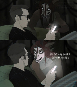 anthro cellphone clothed clothing dialogue duo electronics eyewear fangs female glasses horn humor magic_user male phone smartphone teeth text witch natalie_de_corsair heather_greenmire deer human mammal monster 2025 adversarial_noise comic english_text hi_res multiple_images